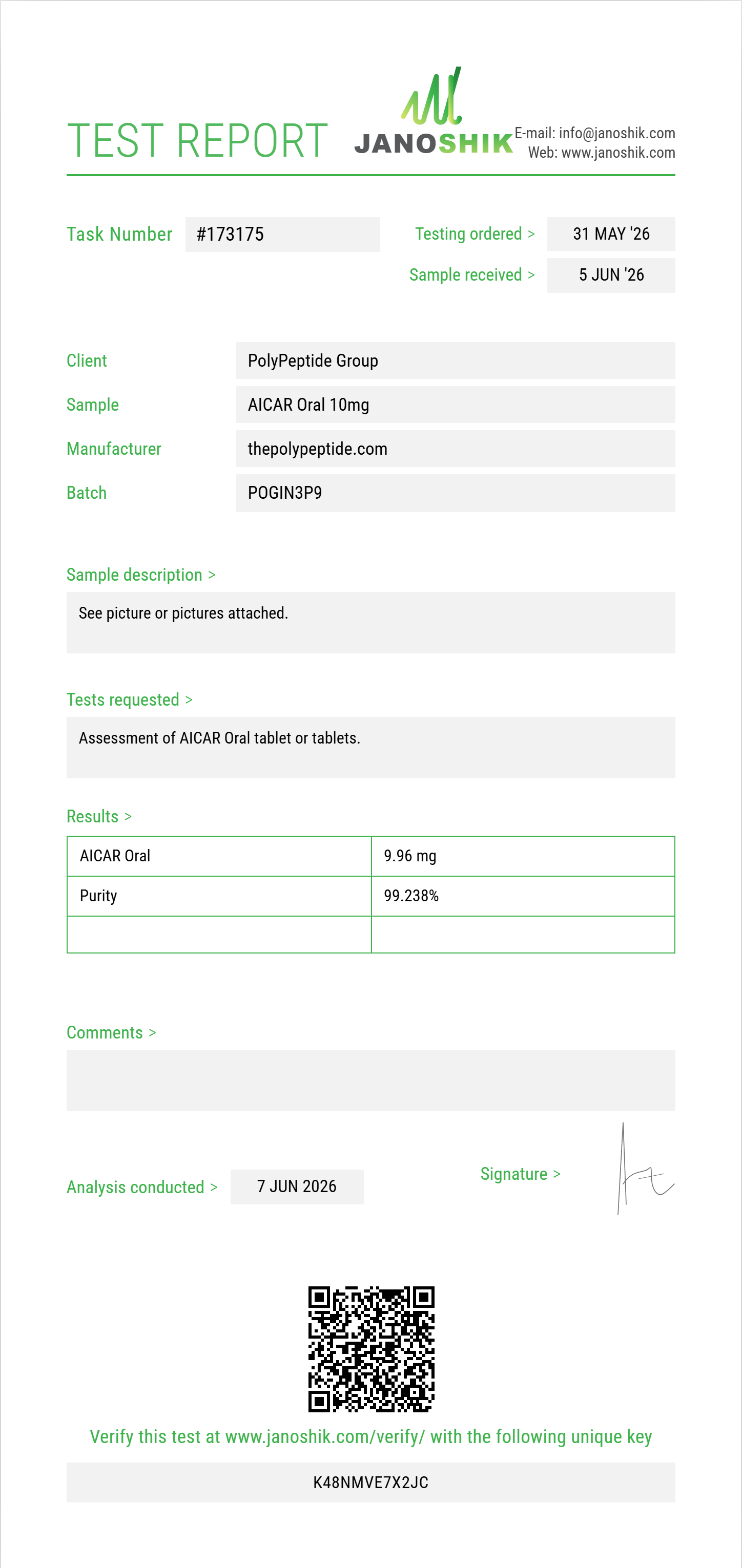 AICAR Oral Purity (HPLC) report by Janoshik Analytical
