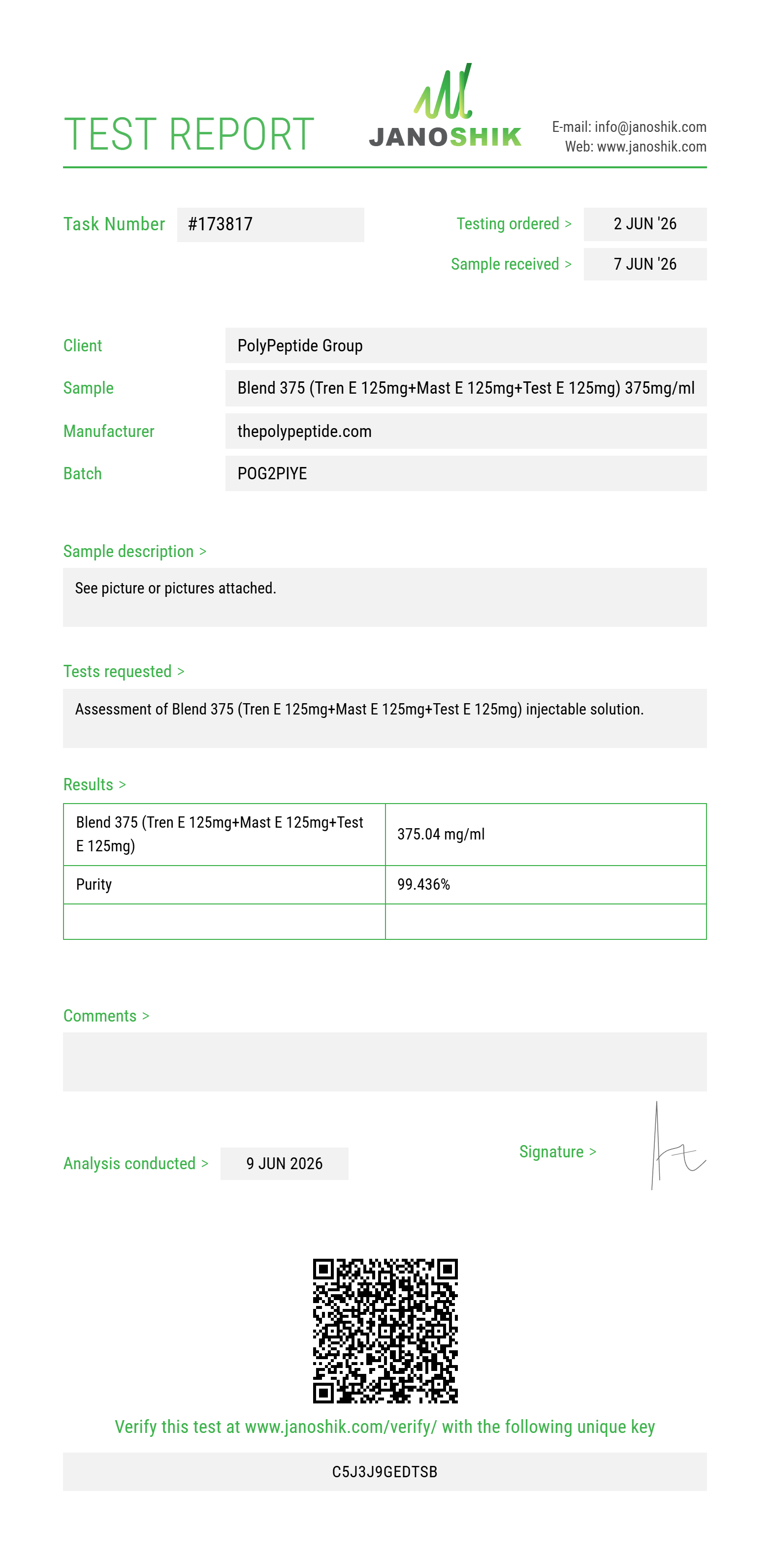 Blend 375 (Tren E 125mg+Mast E 125mg+Test E 125mg) Purity (HPLC) report by Janoshik Analytical