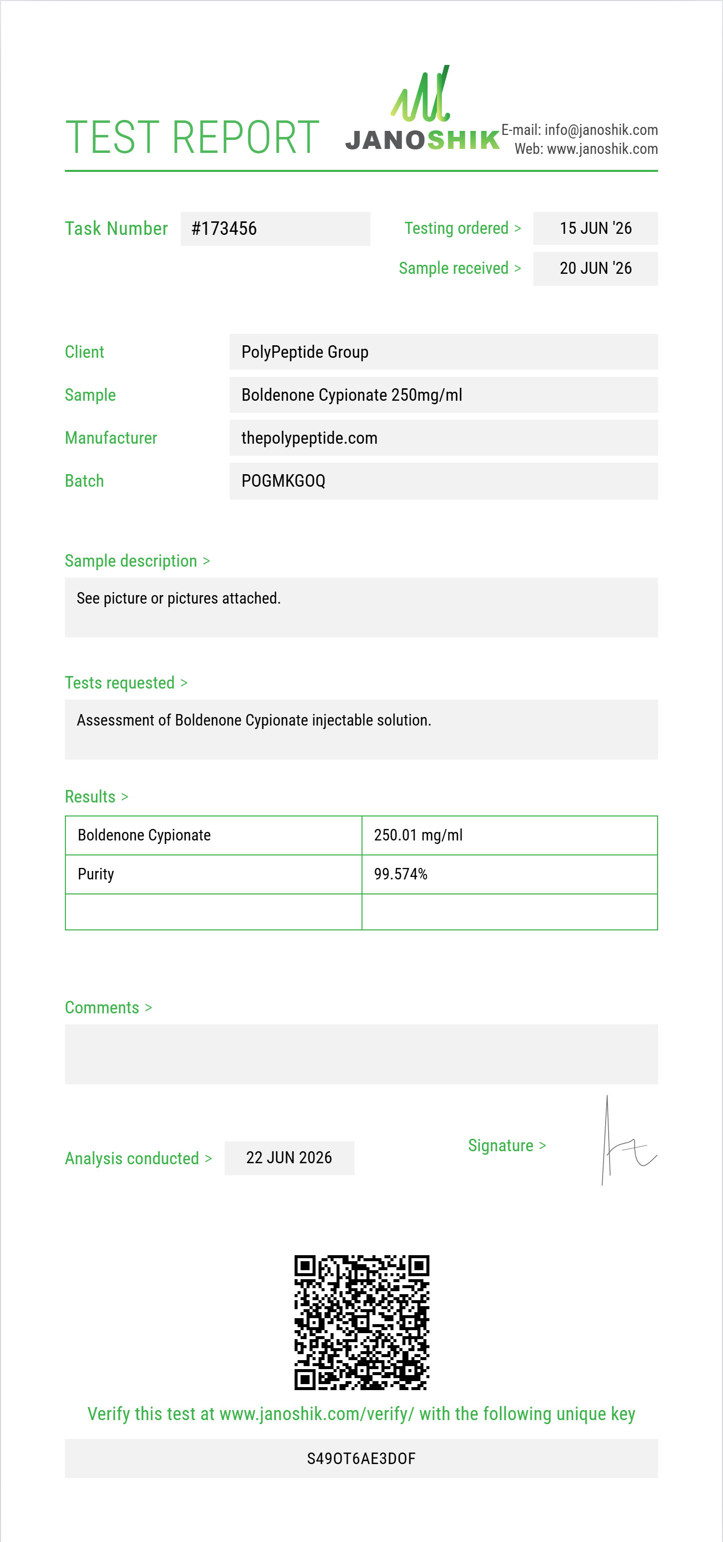 Boldenone Cypionate Purity (HPLC) report by Janoshik Analytical