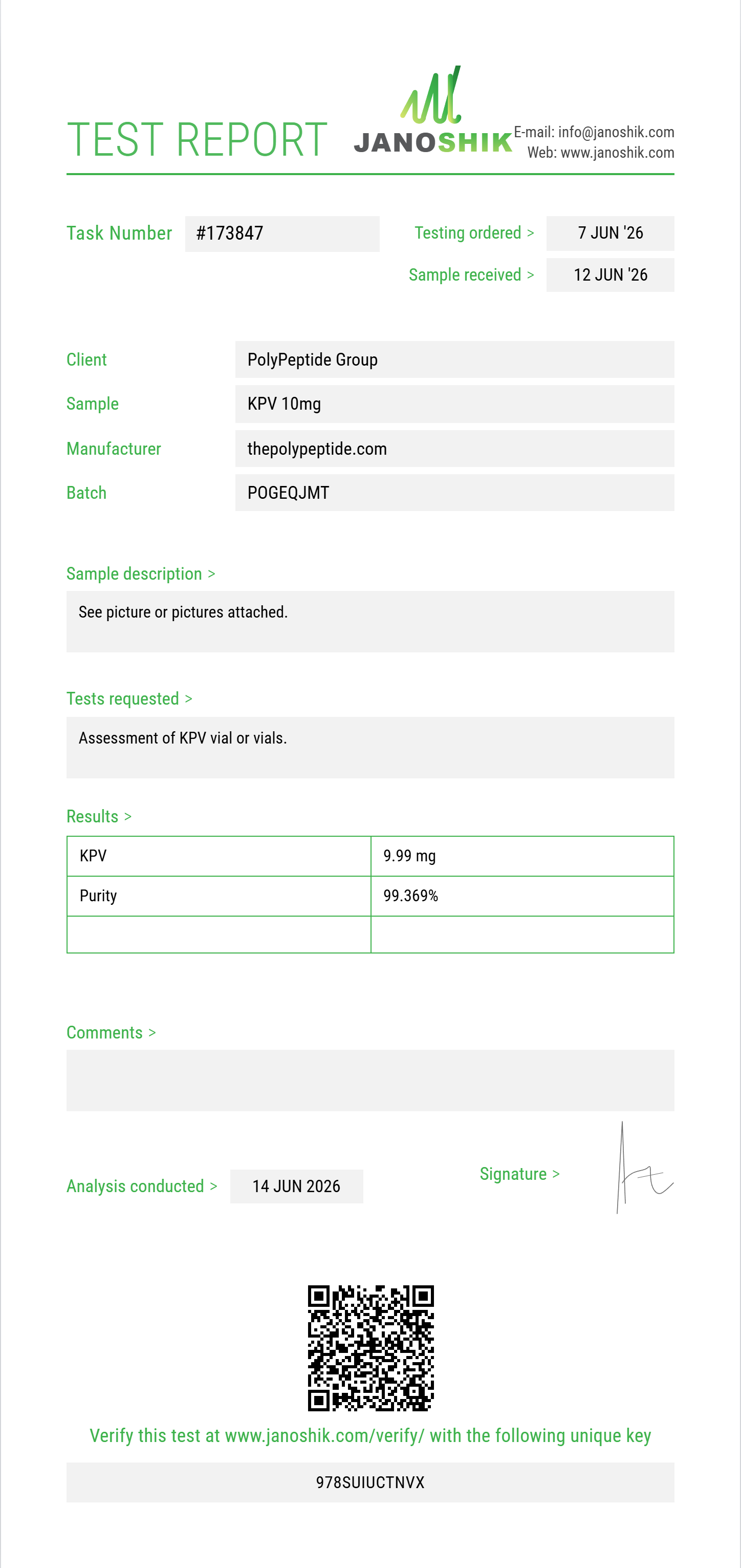 KPV Purity (HPLC) report by Janoshik Analytical