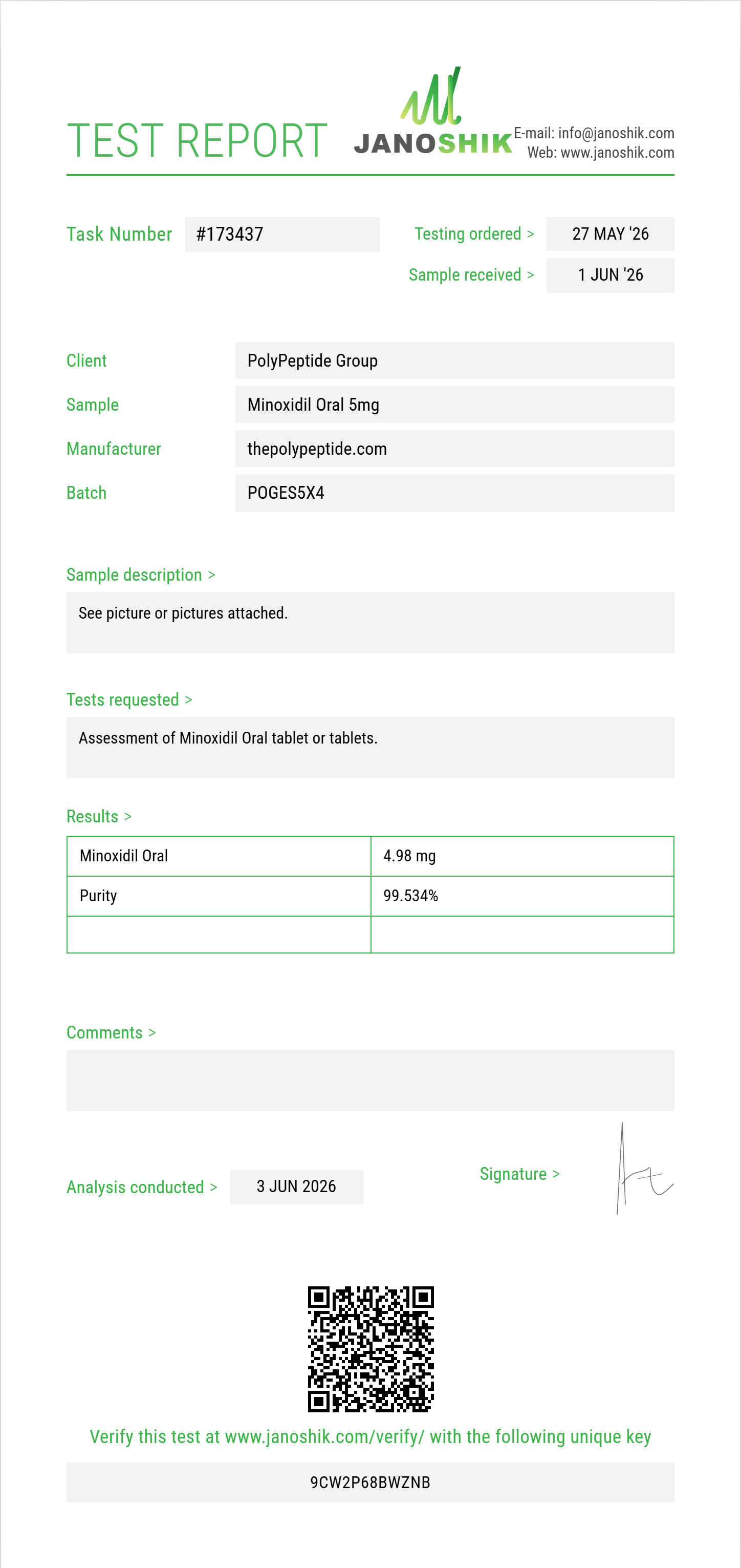 Minoxidil Oral Purity (HPLC) report by Janoshik Analytical