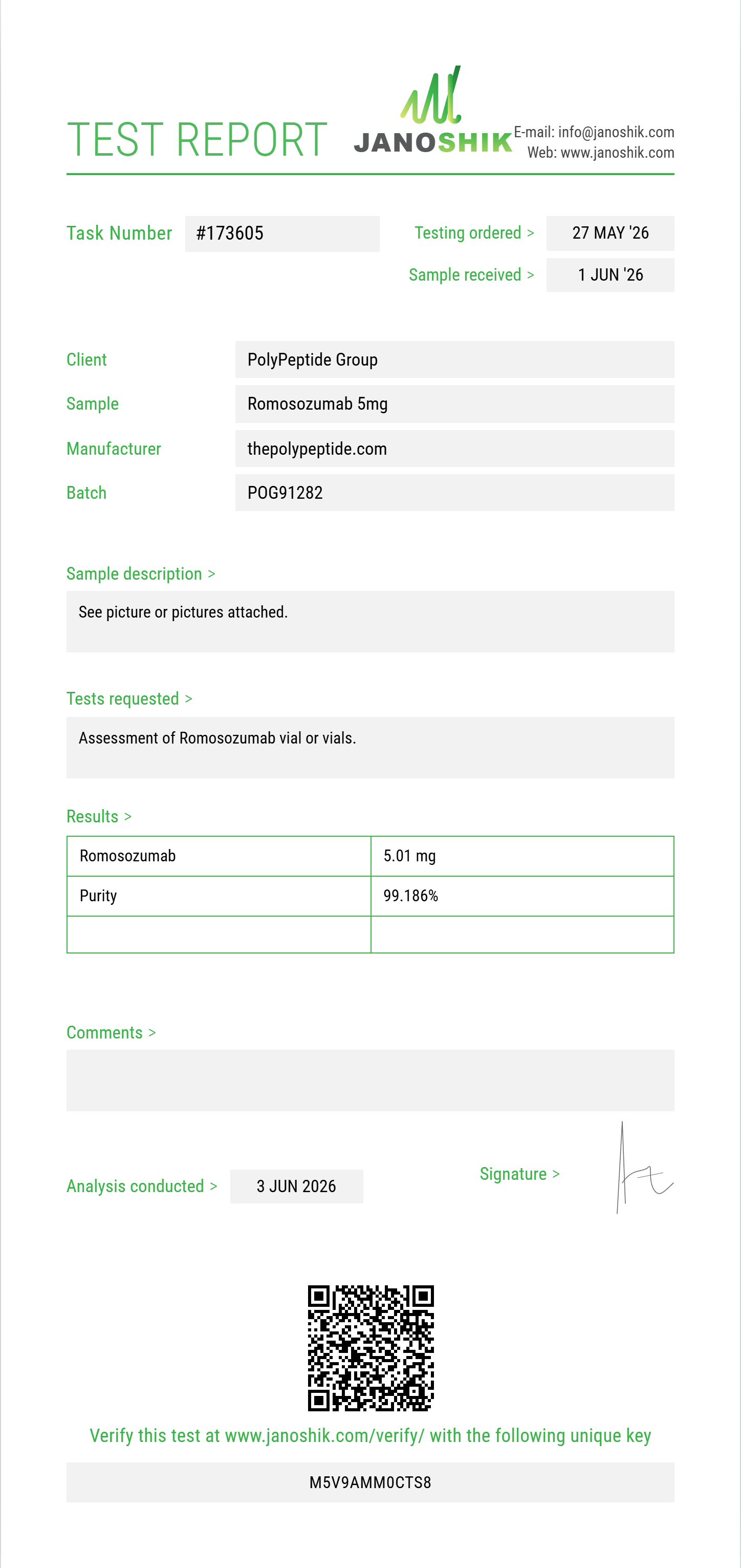 Romosozumab Purity (HPLC) report by Janoshik Analytical