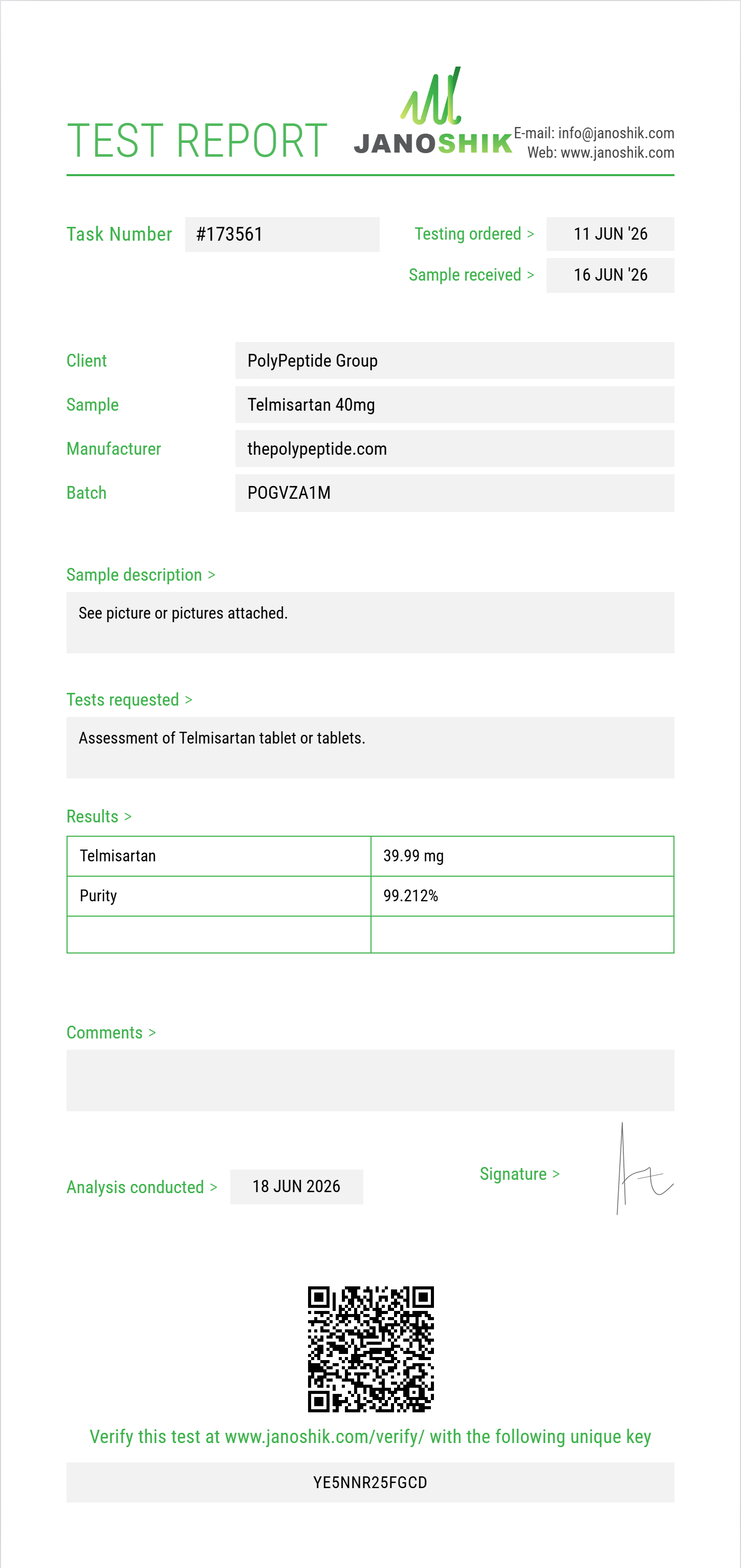 Telmisartan Purity (HPLC) report by Janoshik Analytical