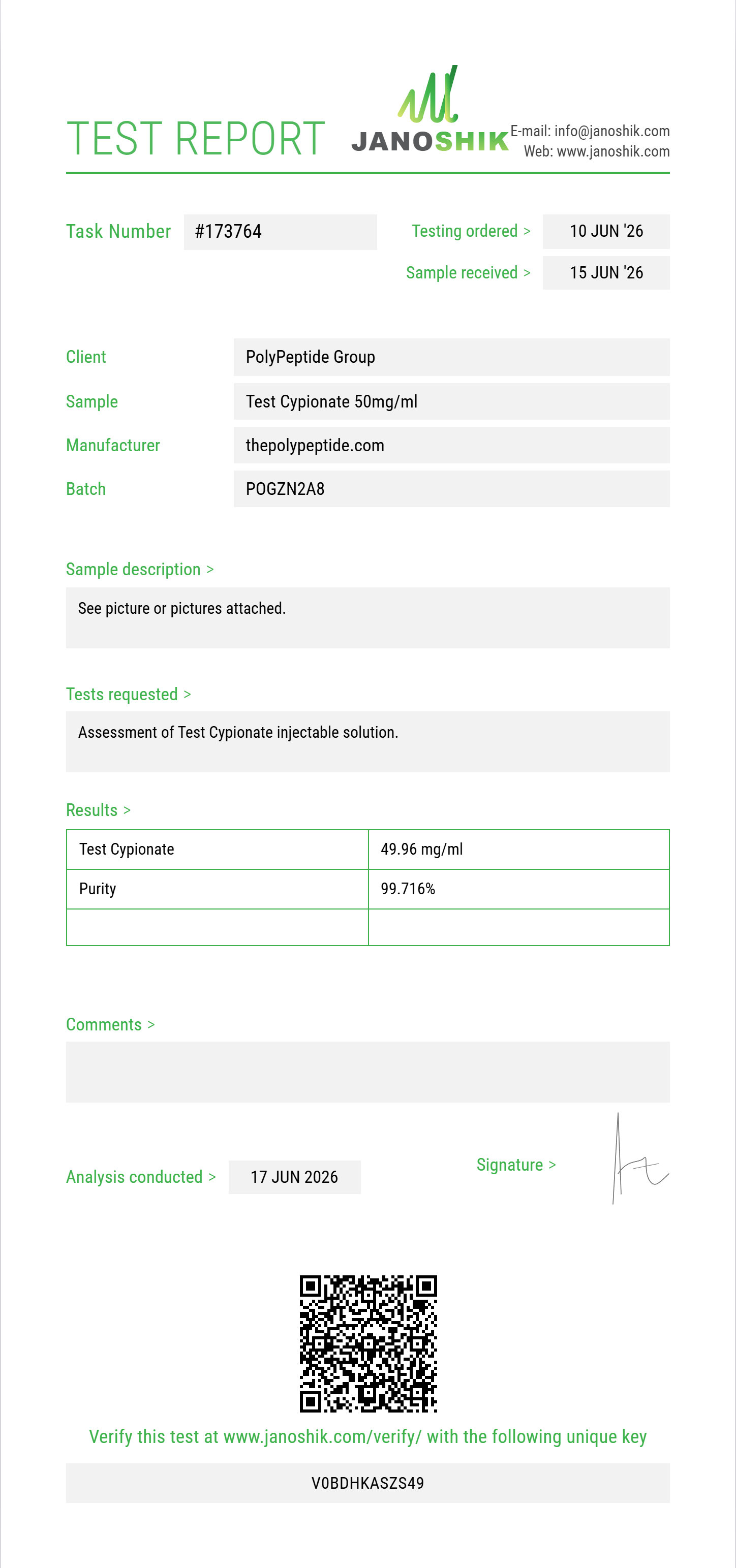 Test Cypionate Purity (HPLC) report by Janoshik Analytical