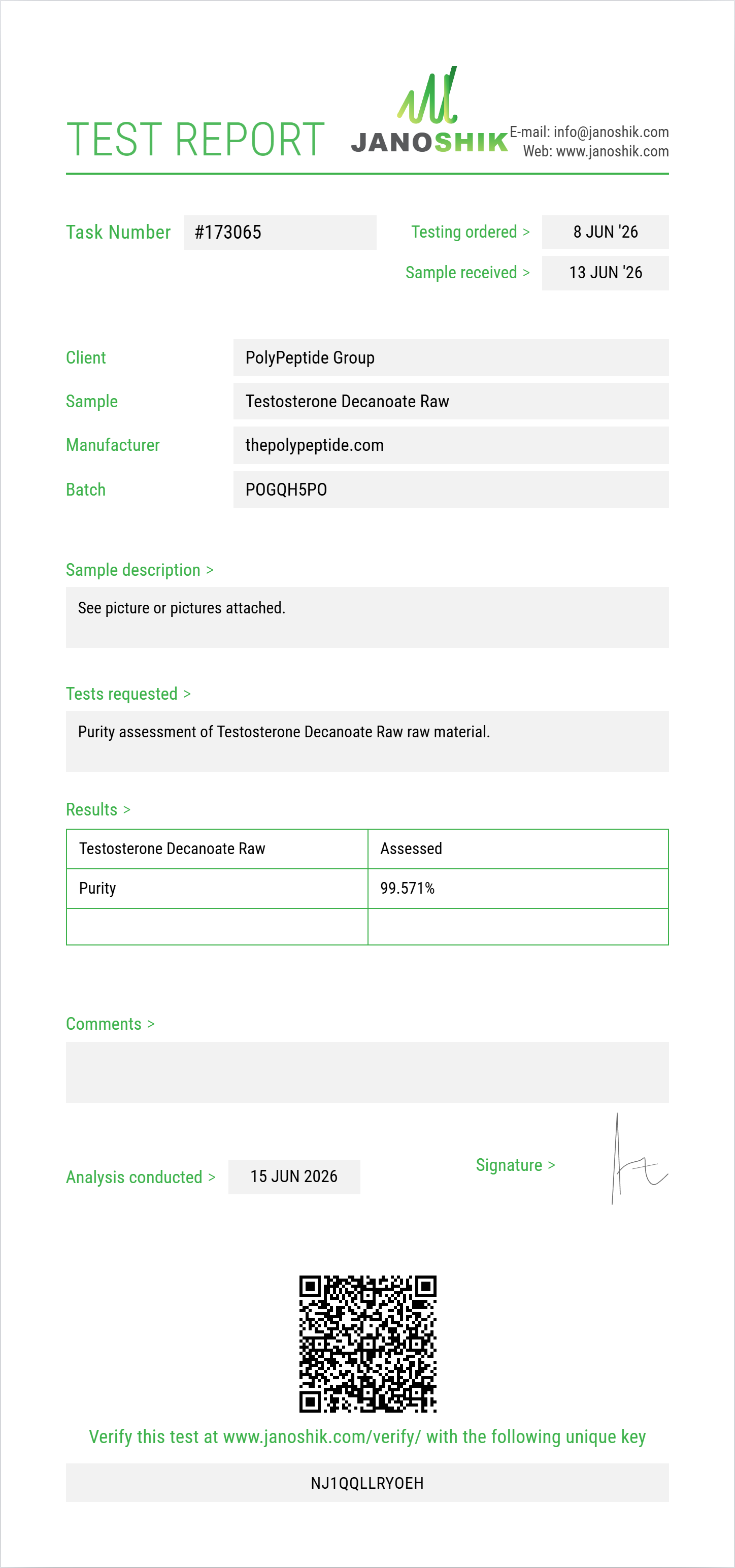 Testosterone Decanoate Raw Purity (HPLC) report by Janoshik Analytical