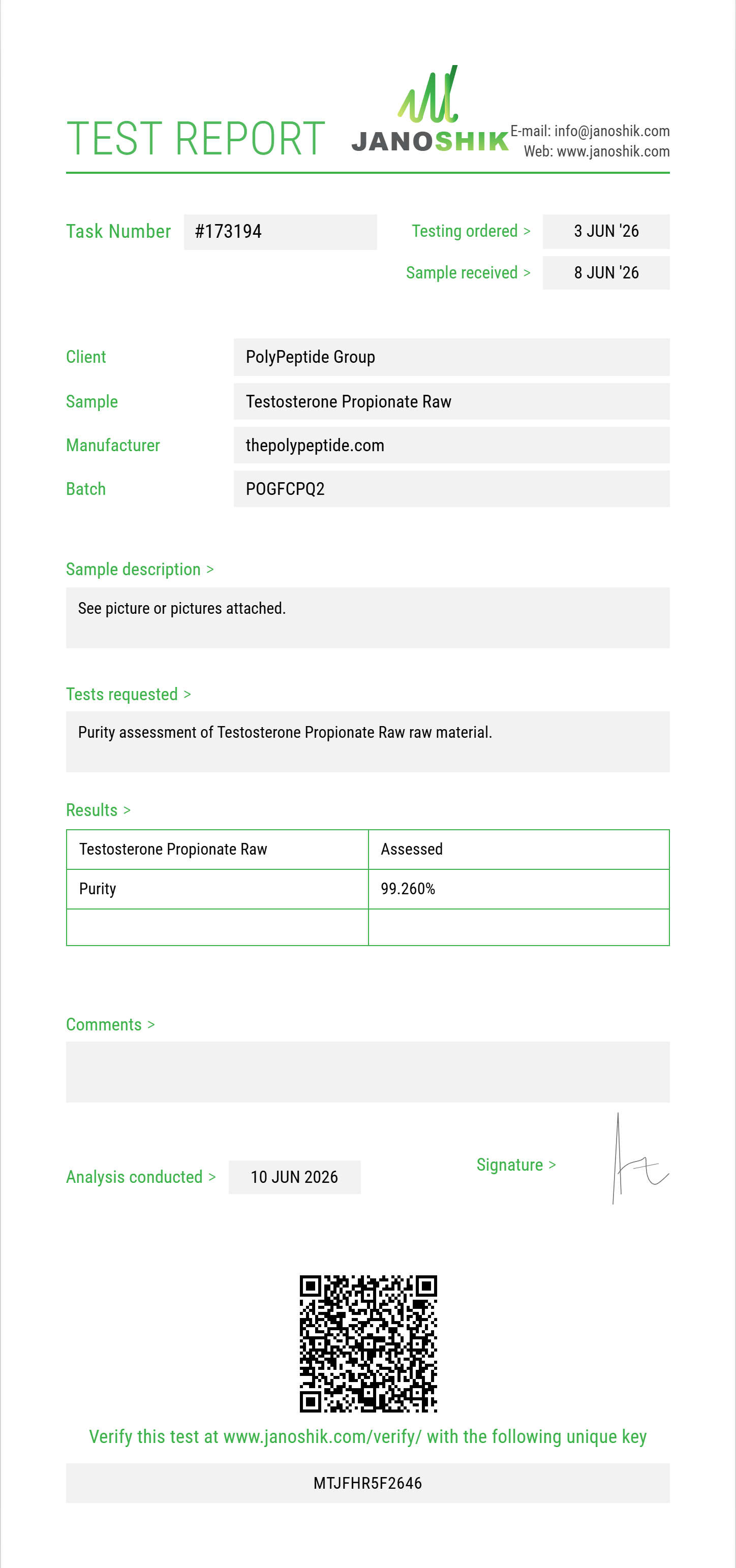 Testosterone Propionate Raw Purity (HPLC) report by Janoshik Analytical