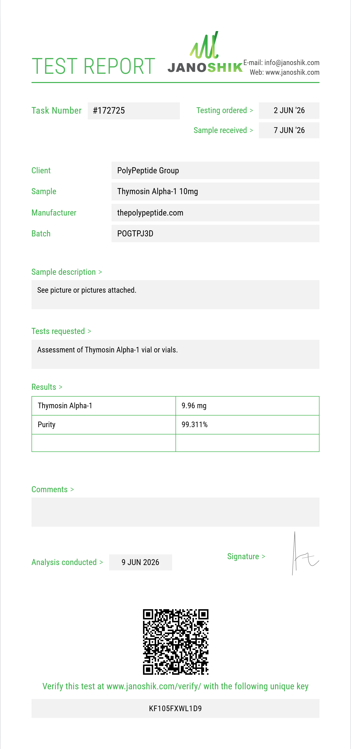 Thymosin Alpha-1 Purity (HPLC) report by Janoshik Analytical