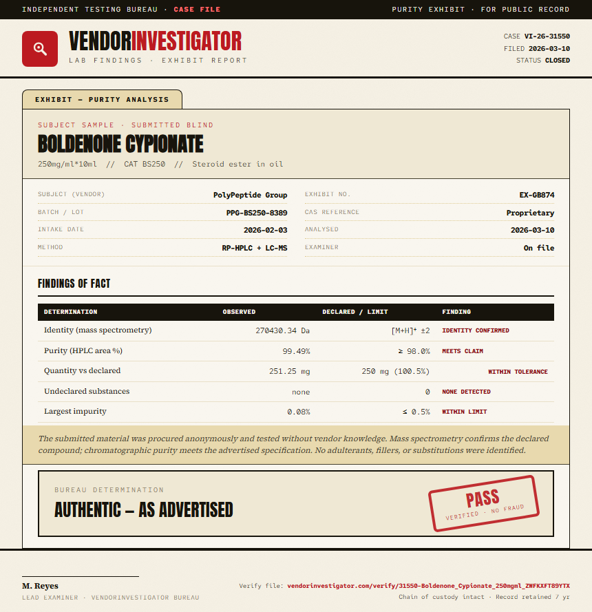 Boldenone Cypionate Purity (HPLC) report by VendorInvestigator