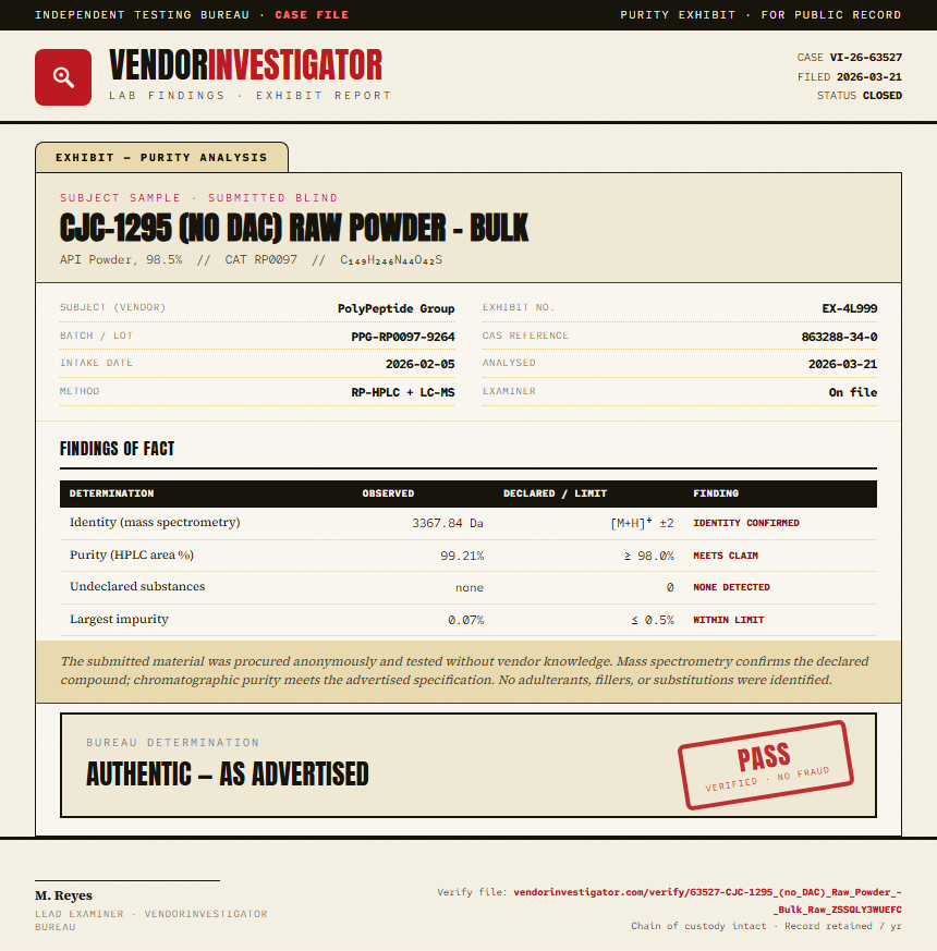 CJC-1295 (no DAC) Raw Powder - Bulk Purity (HPLC) report by VendorInvestigator