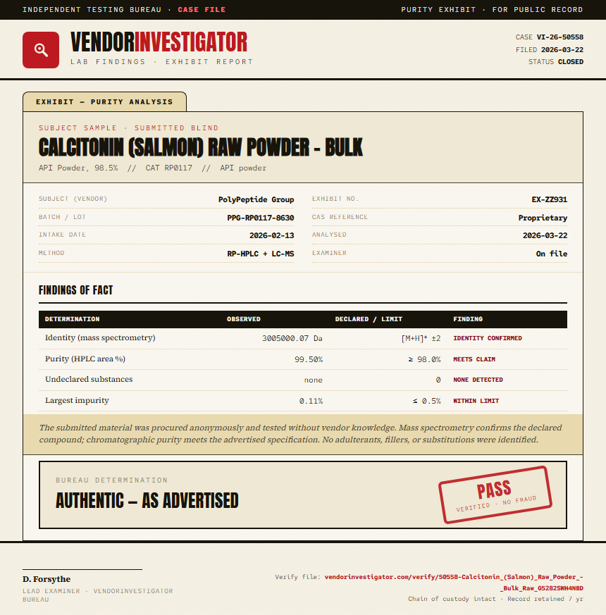 Calcitonin (Salmon) Raw Powder - Bulk Purity (HPLC) report by VendorInvestigator