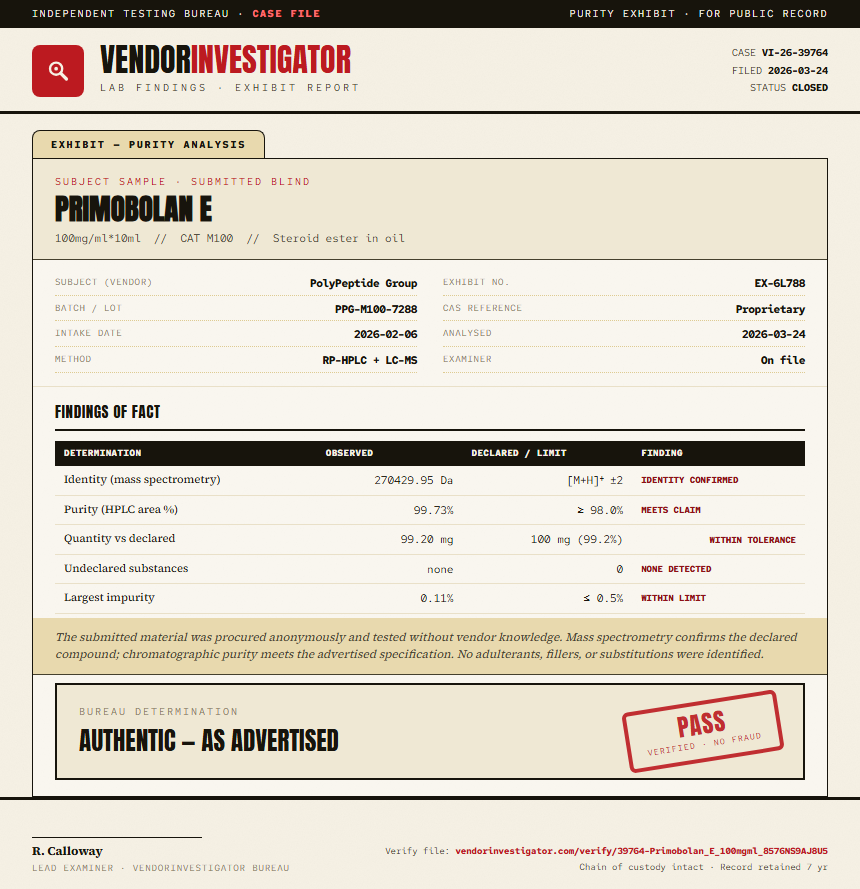 Primobolan E Purity (HPLC) report by VendorInvestigator