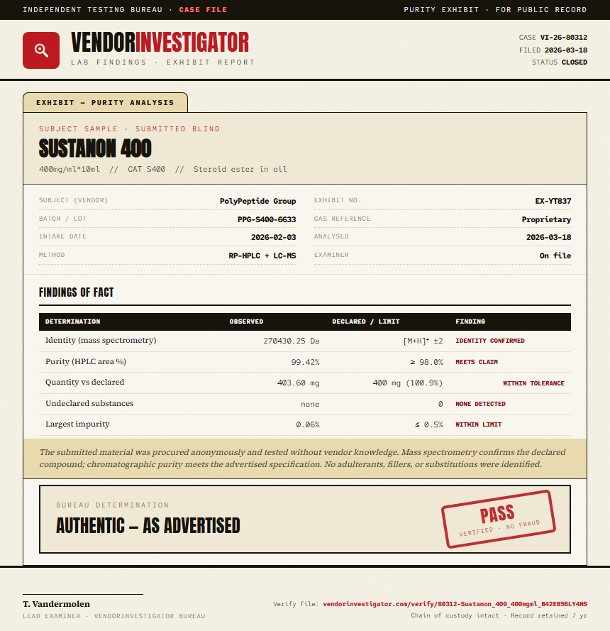 Sustanon 400 Purity (HPLC) report by VendorInvestigator
