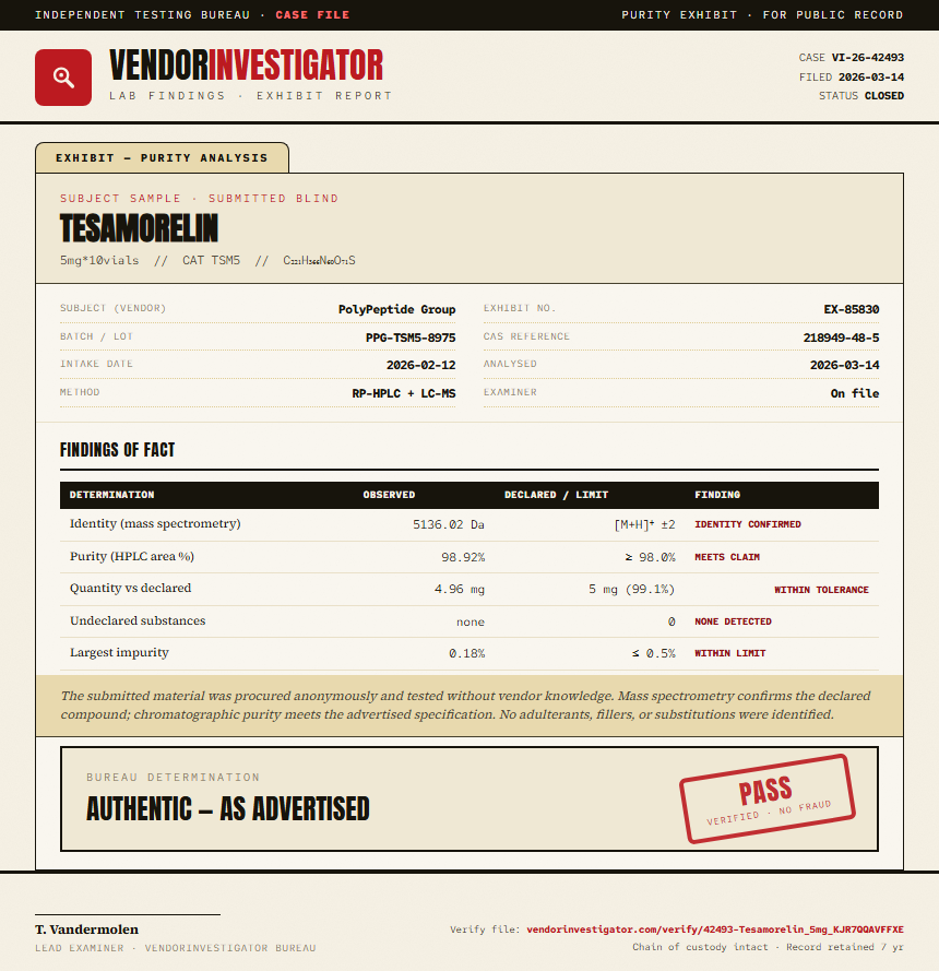 Tesamorelin Purity (HPLC) report by VendorInvestigator