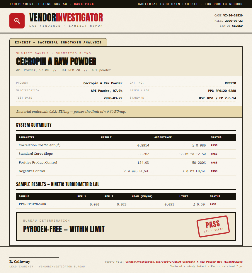 Cecropin A Raw Powder Endotoxin report by VendorInvestigator