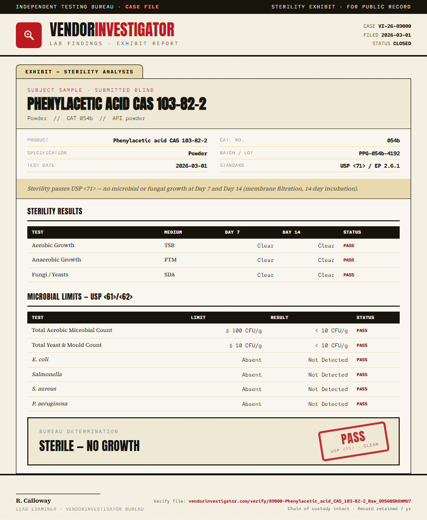 Phenylacetic acid CAS 103-82-2 Sterility report by VendorInvestigator